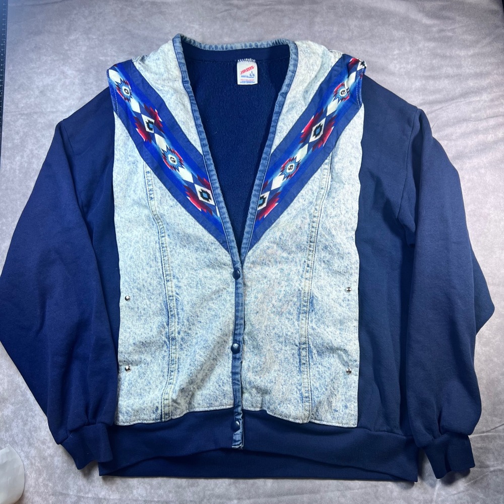 Jerzees Cardigan Sweatshirt Womens L Navy Blue Denim Southwestern 90s Vintage